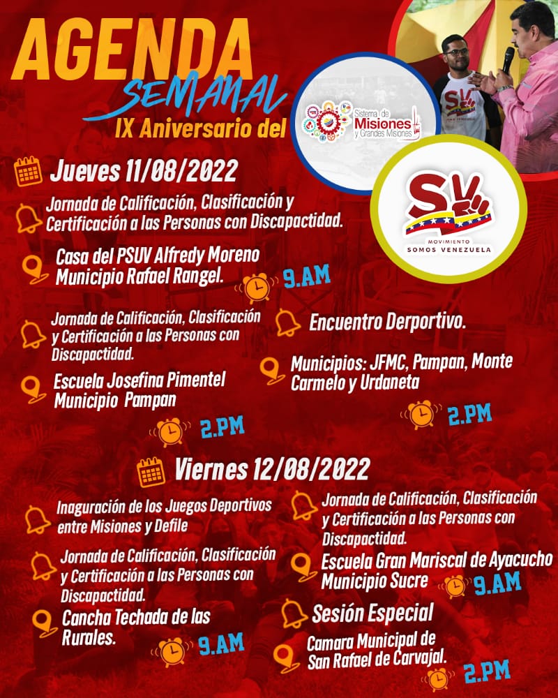 #DeInterés || Agenda semanal del Movimiento Somos Venezuela en el Estado Trujillo:

¡Máxima Protección al Pueblo! 

<a href="/veQRSocial/">veQR - Somos Venezuela</a> #TuiteroPatria #06Ago #Bricomiles1x10