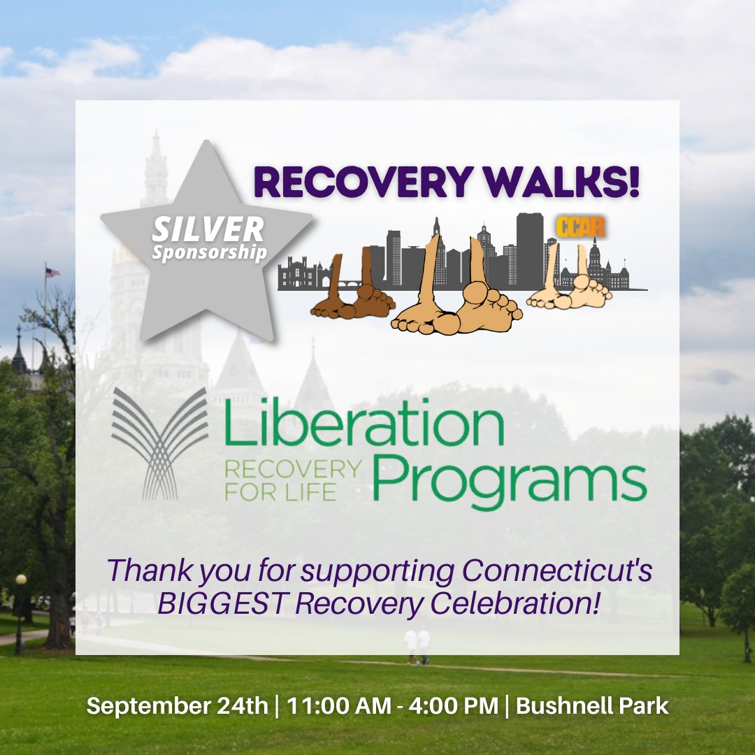 CCAR4Recovery's tweet photo. THANK YOU to @LiberationProg for being a Silver Sponsor for Recovery Walks! ππ
We appreciate your support of Connecticut's Biggest Recovery Celebration!
Sponsorships are still available! Interested? Visit https://t.co/AgZZe0iKr8
#recoverywalks #recovery #ctevents https://t.co/0r7IQPtHQs