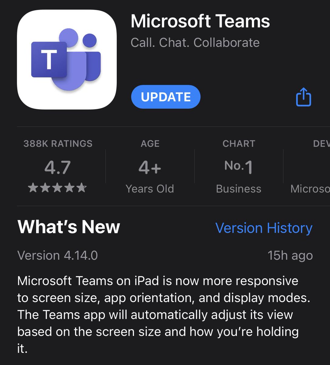 plemich's tweet photo. You use an iPad with #MicrosoftTeams? This update is for you:
Microsoft Teams on iPad is now more responsive to screen size, app orientation &amp; display modes.
The Teams app will automatically adjust its view based on the screen size + how you're holding it.
#HappyUpdating https://t.co/CccEG0Lt6u