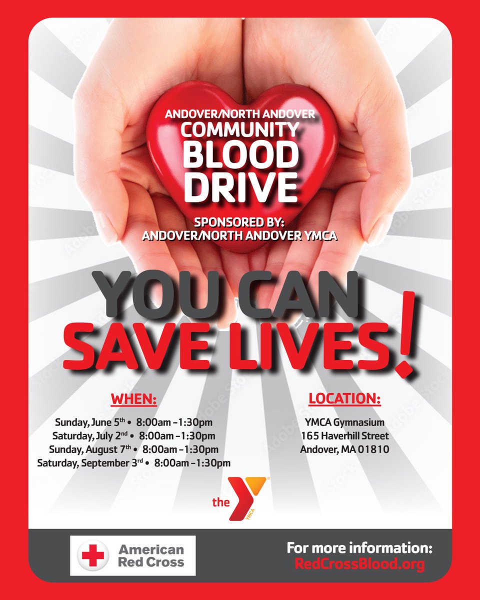 MVYMCA's tweet photo. You can save lives as we team up with the American Red Cross to host a community blood drive at the Andover/North Andover YMCA on August 7th. For more information or to register for this event visit; https://t.co/uDYWu07aJp https://t.co/XHCdpOwYtG