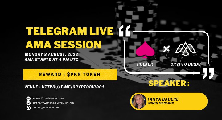 📣 CryptoBirds TEXT AMA with <a href="/polker_PKR/">Polker ♤</a>  8th August, 4PM UTC.
5 questions will Get $PKR during Live AMA

Rules ⚠️:
1⃣ Follow us and <a href="/polker_PKR/">Polker ♤</a>
2⃣ Like &amp; Retweet this post
3⃣ Tag 2 friends