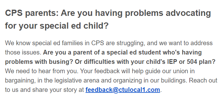 ChiParentsAct's tweet photo. CPS parents - Contact @CTULocal1 if you have a child with an IEP or 504 plan and have been hitting roadblocks with the district with transportation or other services. Share your experience with CTU by sending feedback to the email below! 🍎😷✊
Corrected: feedback@ctulocal1.com https://t.co/eYe8zuyapg