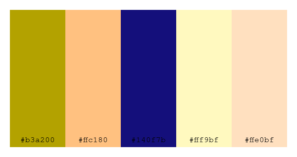 ColPaletteBot's tweet photo. Beep beep, here's a pretty color palette for you! 

color-scheme.js parameters used: 
- hue: 257
- variation: default
- colors: #b3a200, #ffc180, #140f7b, #fff9bf, #ffe0bf

Have a lovely evening!

#twitterbot #colorpalette #colors #palette #prettycolors https://t.co/2YfS5B81HQ