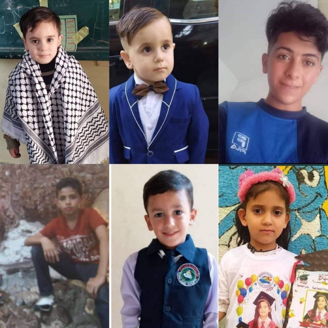 Children Killed during Israel’s onslaught on Gaza in the last 24 hours: -Alaa Qaddoum, 5yo -Ahmad Alnairab, 11yo -Momen Alnairab, 5yo -Mohammed Hassouna, 14yo, - Khalil Abu Hamads, 17yo. -Hazem Salem, 12yo.