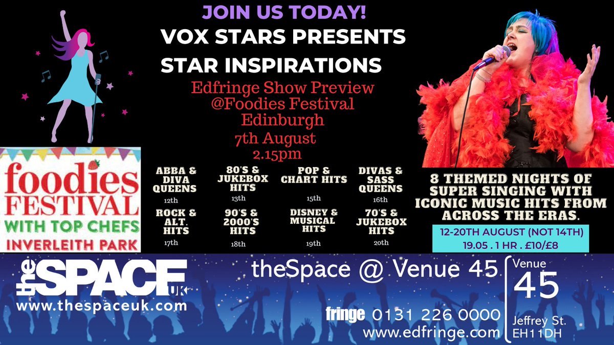 Vox_Stars's tweet photo. Super excited:today(2.15pm) #showpreview 'Vox Stars Presents Star Inspirations’ @FoodiesFestival  8 themed nights of #singing @theSpaceUK @EdFringe :  #Edinburgh: Showcasing run highlights. Aug 12th-20th (not 14th), 19.05 1hr #VoxStarsStarInspirations #foodiesfestival #thespaceuk https://t.co/JfqTJWYFOm