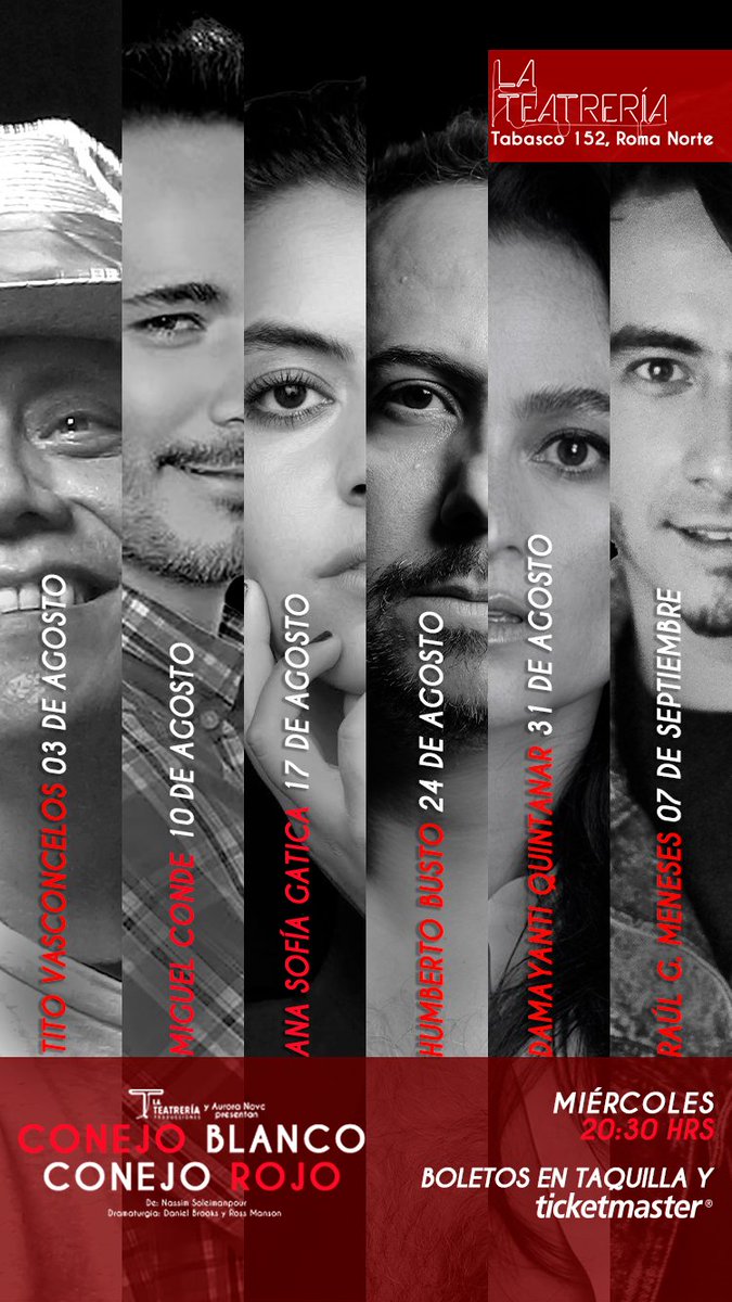 #ACPT 

El experimento teatral de Conejo Blanco Conejo Rojo se mantiene vivo.

Todos los miércoles a las 8:30pm en <a href="/LaTeatreria/">La Teatrería</a>  
Miguel Conde, Ana Sofía Gatica, Humberto Busto, Damayanti Quintanar y Raúll G. Meneses serán los siguientes en descubrir el misterio.