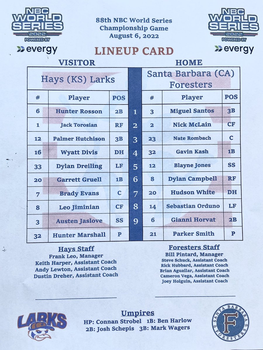 NBC World Series (@nbcbaseball) on Twitter photo Starting lineups for tonight’s championship game!
<a href="/HaysLarksBB/">Hays Larks</a> vs. <a href="/SBForesters/">SB Foresters</a> (7 pm CT) Starting lineups for tonight’s championship game!
<a href="/HaysLarksBB/">Hays Larks</a> vs. <a href="/SBForesters/">SB Foresters</a> (7 pm CT)