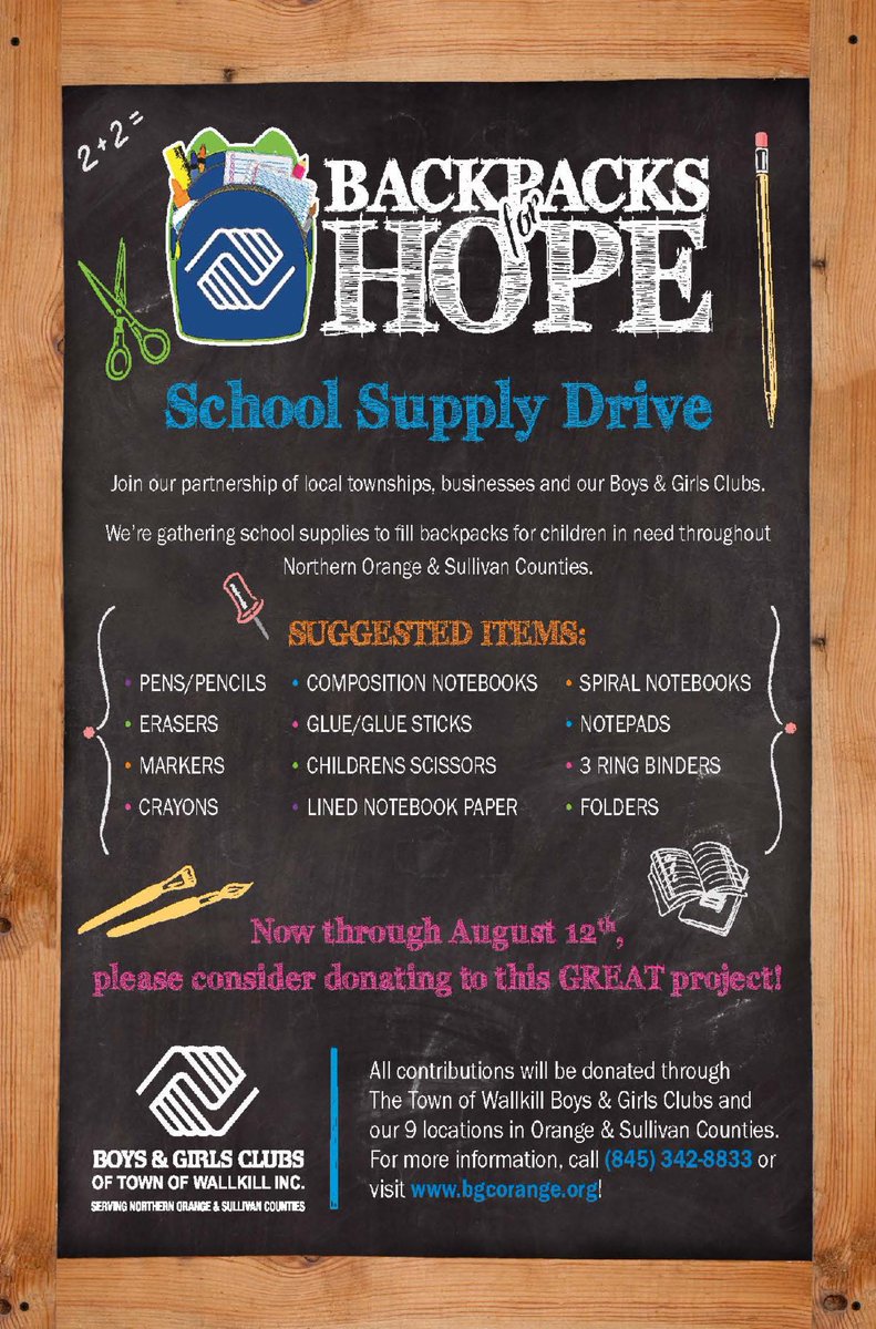 TOWBGC's tweet photo. Don't miss our #BackpacksForHope School Supply Drive! Apply for a #backpack or #donate supplies at 20+ locations! https://t.co/CnsSWVXdV4 #ItsAllForTheKids #BeGreat #TOWBGC #TeamBGC https://t.co/eLupe5h82D