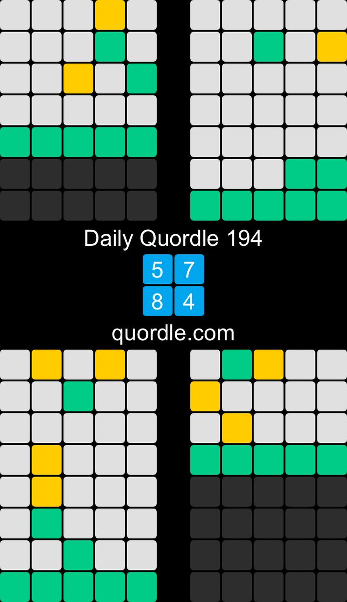 Daily Quordle 194
5️⃣7️⃣
8️⃣4️⃣
quordle.com

All hail good start words