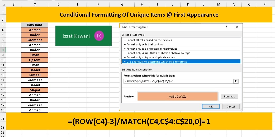 Izzat_Kiswani1's tweet photo. #Excel
#MsExcel
#MicrosoftExcel
#SpreadSheets
#ConditionalFormating
Conditional Formatting Of Unique Items @ First Appearance https://t.co/OklEeu1usU