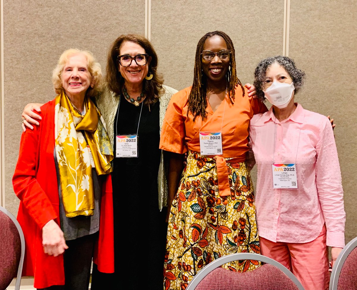 drthema's tweet image. I was honored to present with these brilliant pioneers in the field of trauma psychology. As psychologists and artists, we were happy to have a full house for our panel on expressive arts healing strategies with culturally diverse survivors. #APA2022  @APADiv56