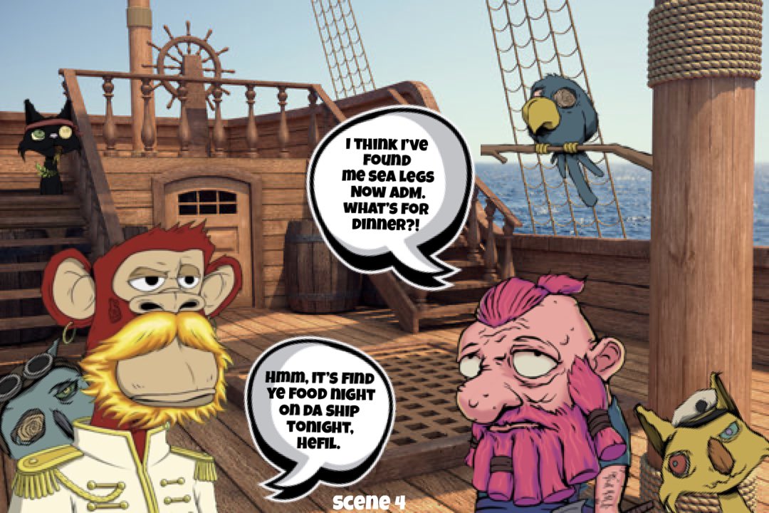 A fun little story combining some of my favorite #nftcommunities 👣🏴‍☠️🐈‍⬛🦉

Give it a ❤️ &amp; RT if you enjoyed! 🙂👊

<a href="/Halflington/">Adventurous Halflings ⛺️👣 - Traitswap is live!</a> @BadApePirates <a href="/Dirt_Birds_NFT/">dirtbirds</a> <a href="/mudcatswtf/">Mud Cats</a> 
#nft #nfts #nftart #nftcommunity #halflings #pirateapes #dirtbirds #mudcats