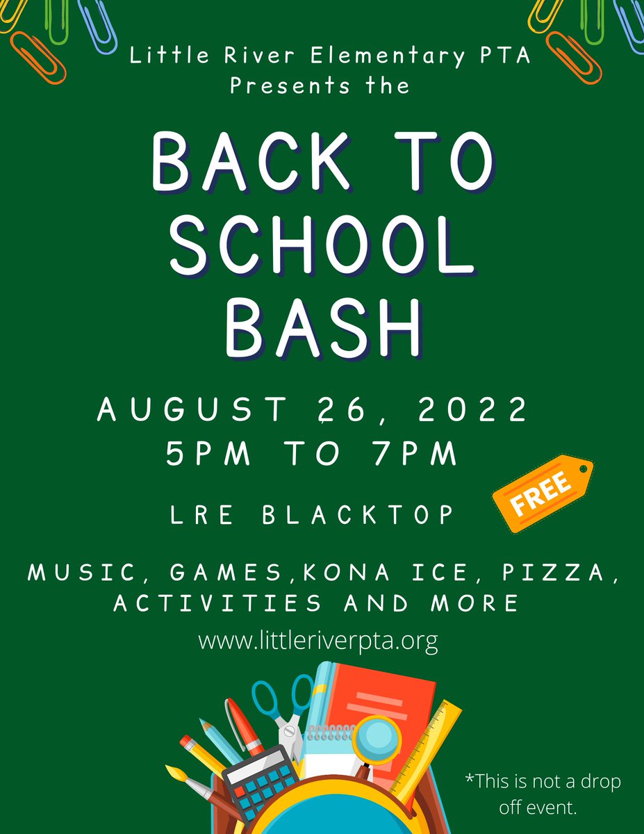 Friday, 8/26, 5-7pm, on the school's blacktop! We encourage and NEED you to volunteer! You can sign up to help here: signupgenius.com/go/10c0e49abae… Questions? Email: Brandi@littleriverpta.org #LRElem @LittleRiverLCPS