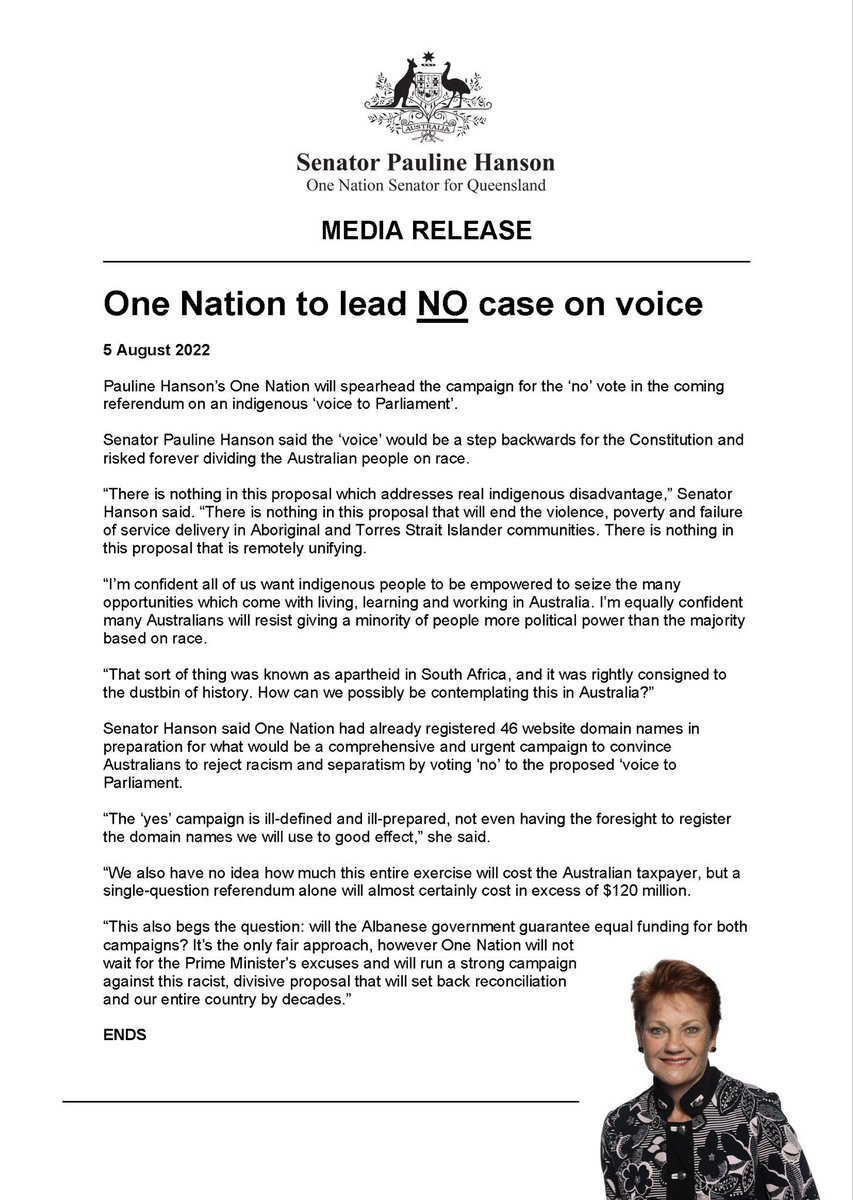 SheepOverboard's tweet image. Pauline nails it yet again. The poor white fellas suffering from the outrageous demands of that greedy black mob.
#Indigenous #voicetoparliament #OneNotion
