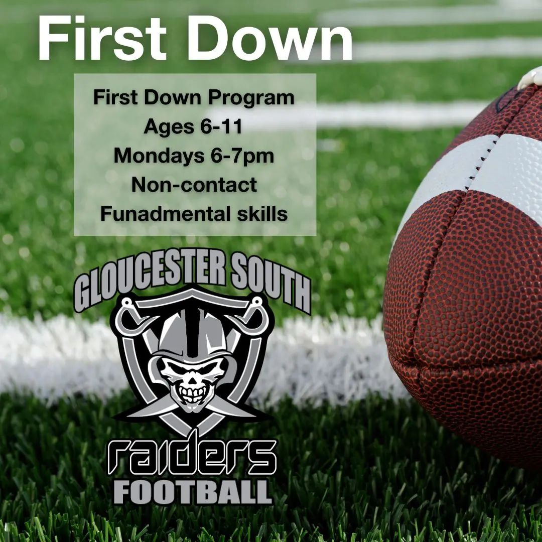 The G.S. Raiders are offering the First Down program.

This is a non-contact football fundamentals program for 6-11 year olds.  

It will run on Mondays from 6-7pm at Barry Hawley Field (Bank and Leitrim).  

August 15th to October 24th.
