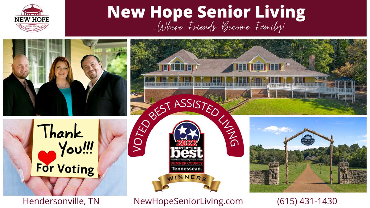 GregSelf's tweet image. We are very proud to announce that New Hope Senior Living has won the award for the 2022 BEST ASSISTED LIVING in Sumner County. Thank you to everyone for taking the time to vote for us because, without you, none of this would be possible. newhopeseniorliving.com.