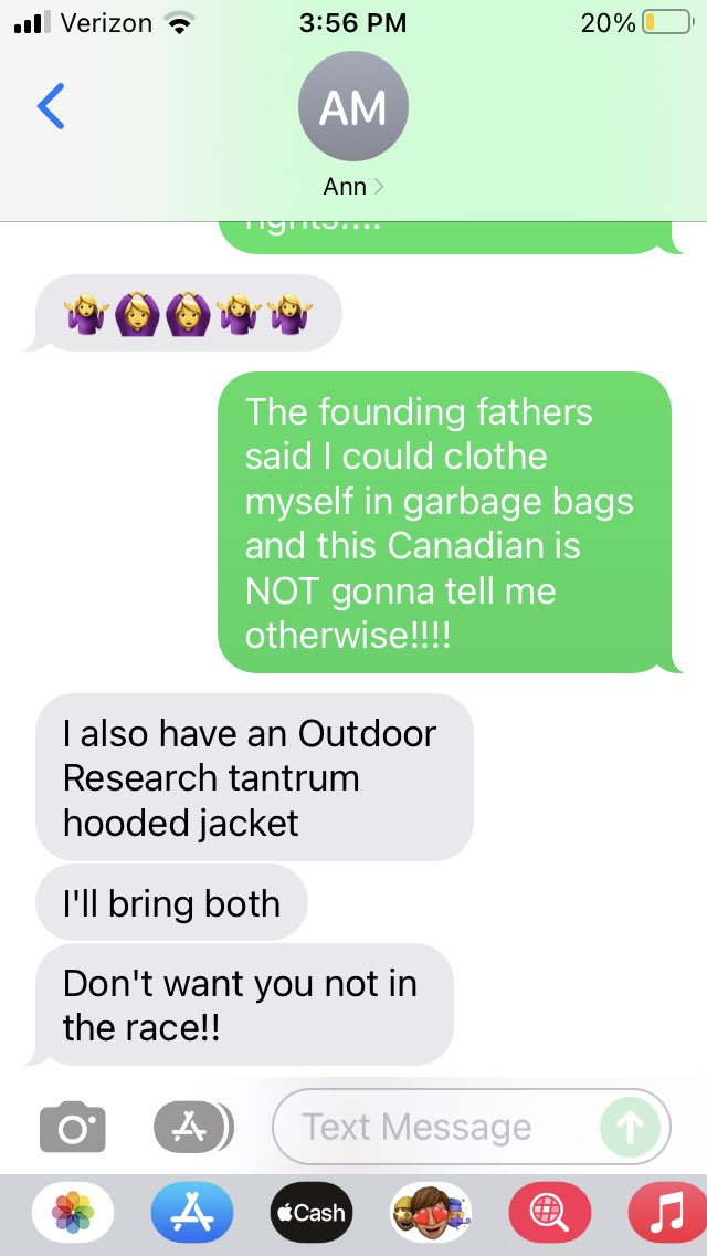 DebPatters's tweet photo. I’m running #Capes100 soon. RD has made it crystal clear that there are required items you MUST have, or you’re disqualified. My buddy is freaking out that her raincoat is insufficient. Here are our texts, whereby she completely fails 2 get my humor. It’s gonna be a long 46K!😜 https://t.co/stbMZUpZbu