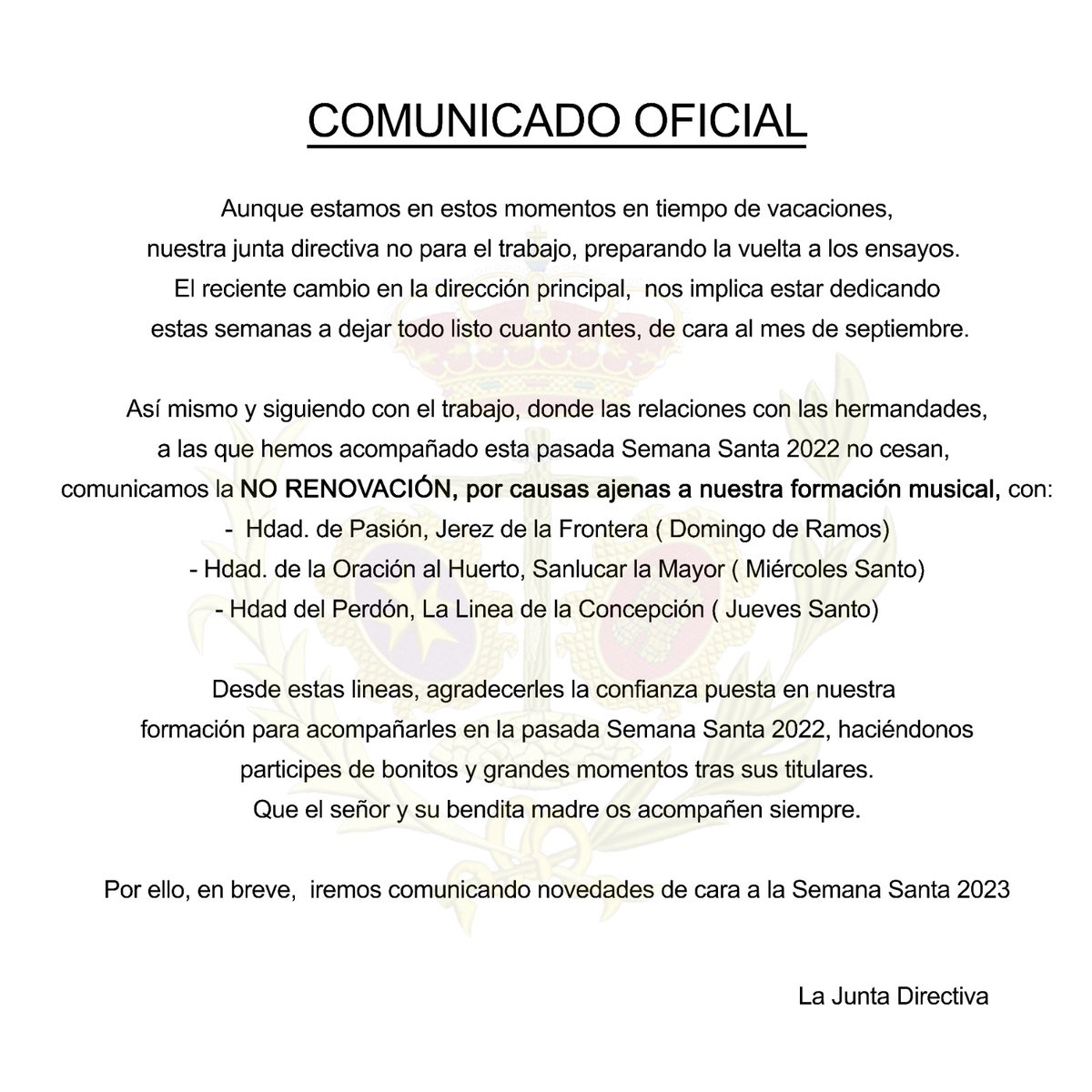 COMUNICADO OFICIAL. BCT AMOR DE CRISTO