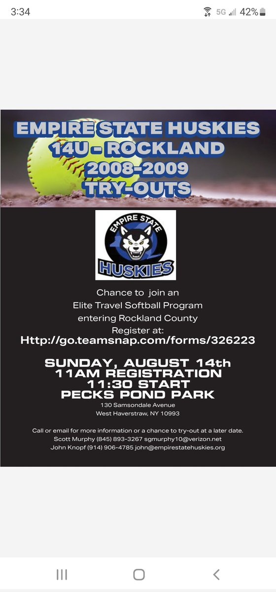 Empire State Huskies 14u-Rockland looking for 2008-2009 players. Train and play with the best organization in the area. Register for tryouts using the team snap link. If anyone can't make tryout date, email for personal workout  <a href="/EStateHuskies/">Empire State Huskies</a> <a href="/Johnknopf10/">John Knopf</a> <a href="/Scott_Murphy10/">Scott Murphy</a>