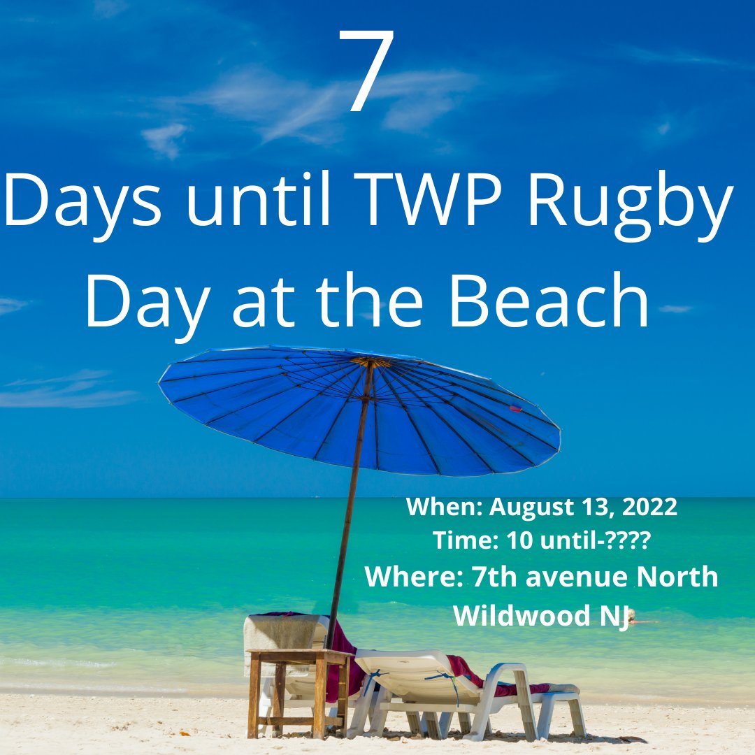 One week until TWP Rugby day at the beach. Come join us for some fun in the sun. Coach Kevin, coach Ray and coach Pat are packing their Speedos. Check the email for all the details.
