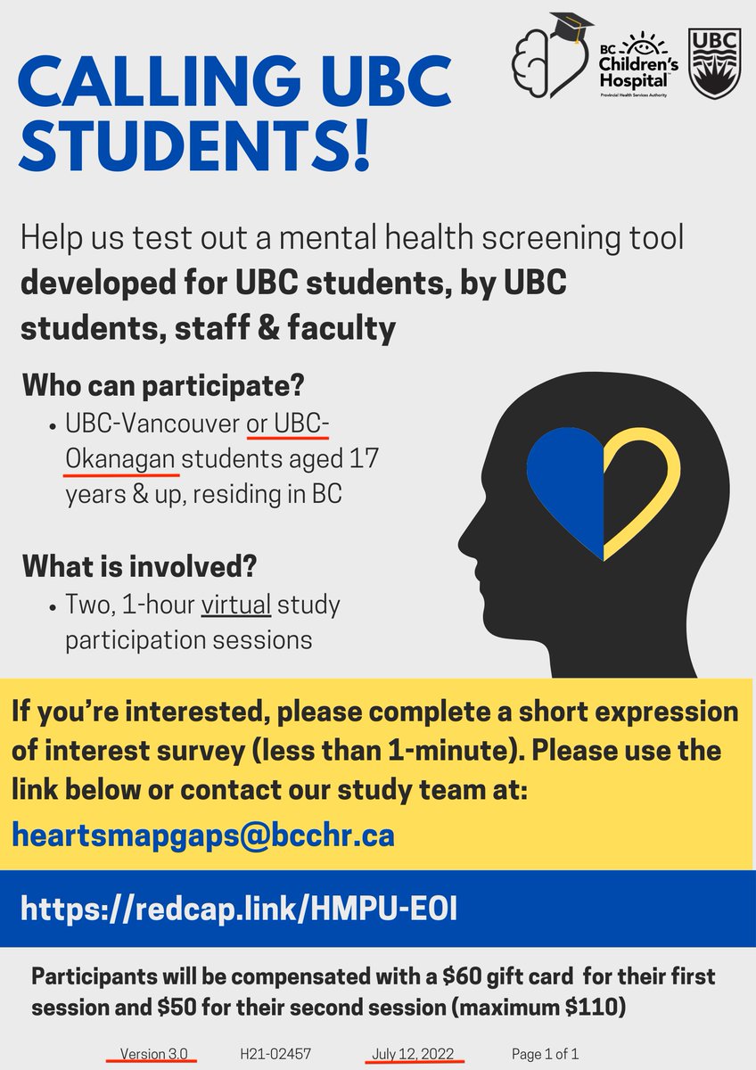 HEARTSMAP-U (@heartsmap_u) on Twitter photo Calling UBC-Vancouver AND UBC-Okanagan students! We are conducting a research study evaluating a new digital mental health screening and guidance tool and we need your help. See details below. Calling UBC-Vancouver AND UBC-Okanagan students! We are conducting a research study evaluating a new digital mental health screening and guidance tool and we need your help. See details below.