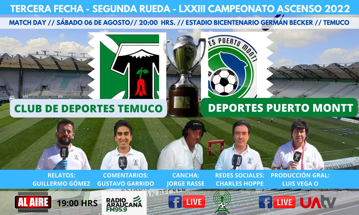 Otra edición del "clásico del sur" te llevará a tu receptor ANTENA DEPORTIVA. A contar de las 19 hrs: DEPORTES TEMUCO vs DEPORTES PUERTO MONTT, en TODAS NUESTRAS PLATAFORMAS. ¡LOS ESPERAMOS!