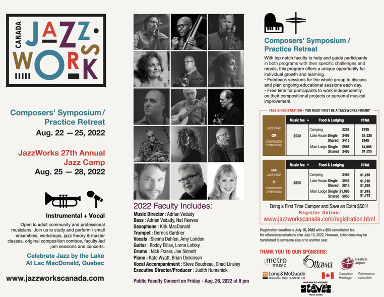 Looking for a Jazz Camp for adults? There are still some spots open at JazzWorks Canada's 27th Jazz Camp, Composers' Symposium: August 22-25, Jazz Camp: August 25-28! 
Register now at jazzworkscanada.com/registration.h…. All fees are paid in Canadian Dollars.
 #adultjazzcamp