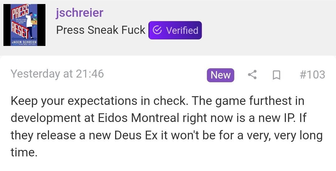 RandomNerding's tweet photo. @DeusExHub This is what he actually said

So they may still release one but NOT for a long time. Which makes sense since they wouldn’t have even started it and would take probably 2-3yrs maybe 4 https://t.co/z21h5eXUbi