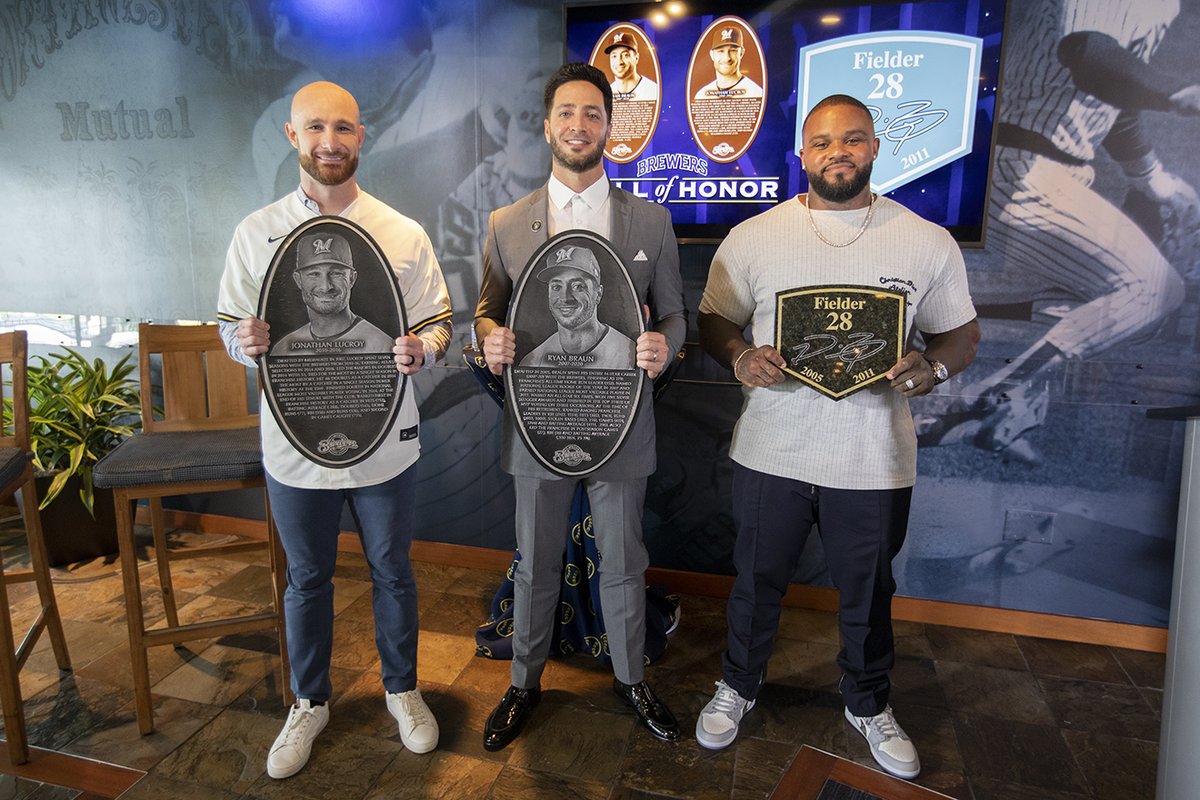 Brewers's tweet photo. Three Brewers legends getting the honors they deserve.

Congratulations to Jonathan Lucroy and Ryan Braun on joining the Wall of Honor and Prince Fielder on joining the Walk of Fame!

We're ready to hear this place get loud when these three throw out the first pitch tonight. https://t.co/Zu5KTPMshW