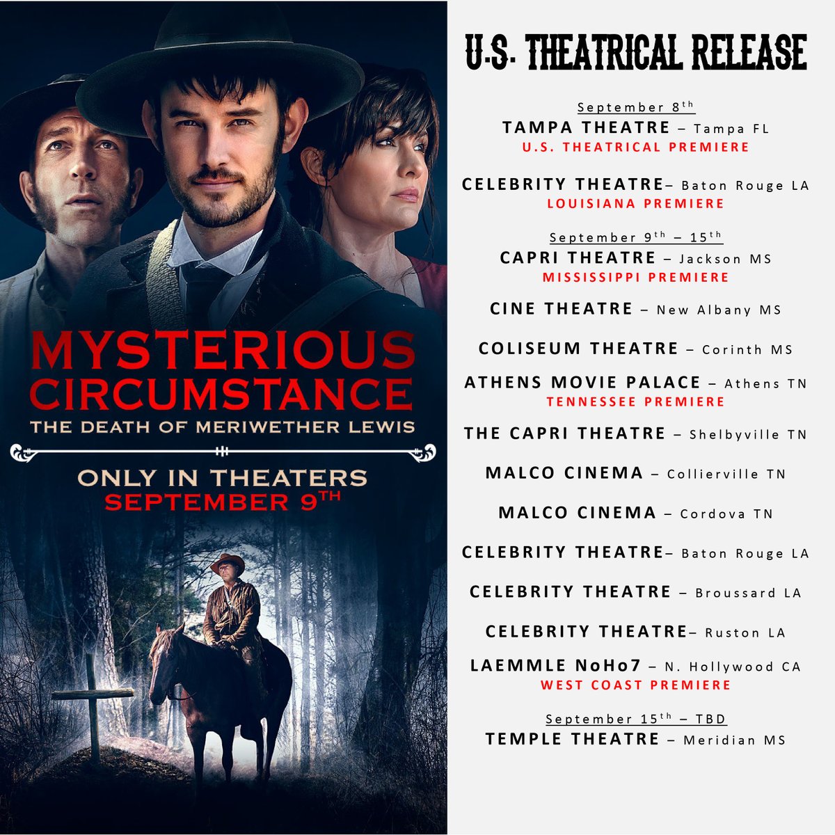 JulienFilmFest's tweet photo. π₯ #JDIFFAlumni Update π₯
Mysterious Circumstance: The Death of Meriwether Lewis was acquired by @VisionFilmsInc and has released the details of its U.S. theatrical release! The film's World Premiere was at #JDIFF2022, where it won Best Feature! @sixshooterstud1 https://t.co/olXEeRQpG3