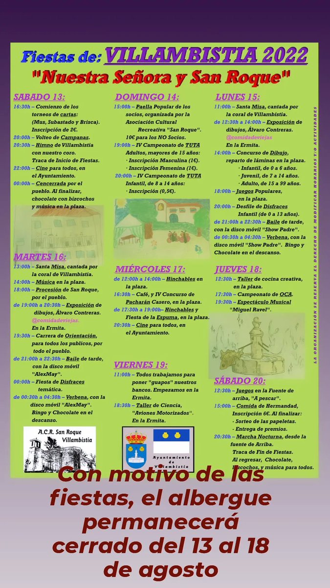 alberguesroque's tweet photo. Due to the Villambistia patron saint's celebrations, the hostel will stay closed from the 13th to the 18th of August. We apologised for any inconvenience caused.
#saintjamesway #caminodesantiago
#jacobsway https://t.co/dI0ha93aE9