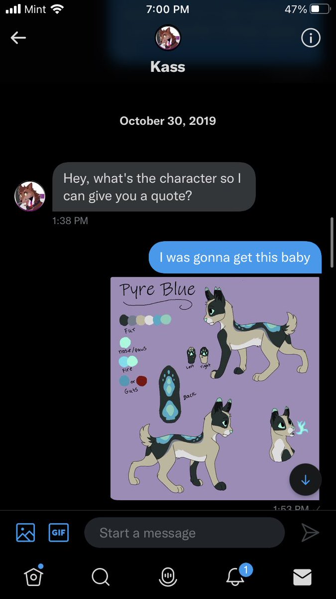 BelieveShadows's tweet photo. OK I’ve had enough. Beware on @Mrs_Succubus @Ghostly_Howl. I commissioned Kass back in October 2019. I have been ignored since I sent the money. I am not the only person she’s done this to. She’s still taking commissions. But this is my interaction with her. (A thread) https://t.co/RrMZCFbQ81