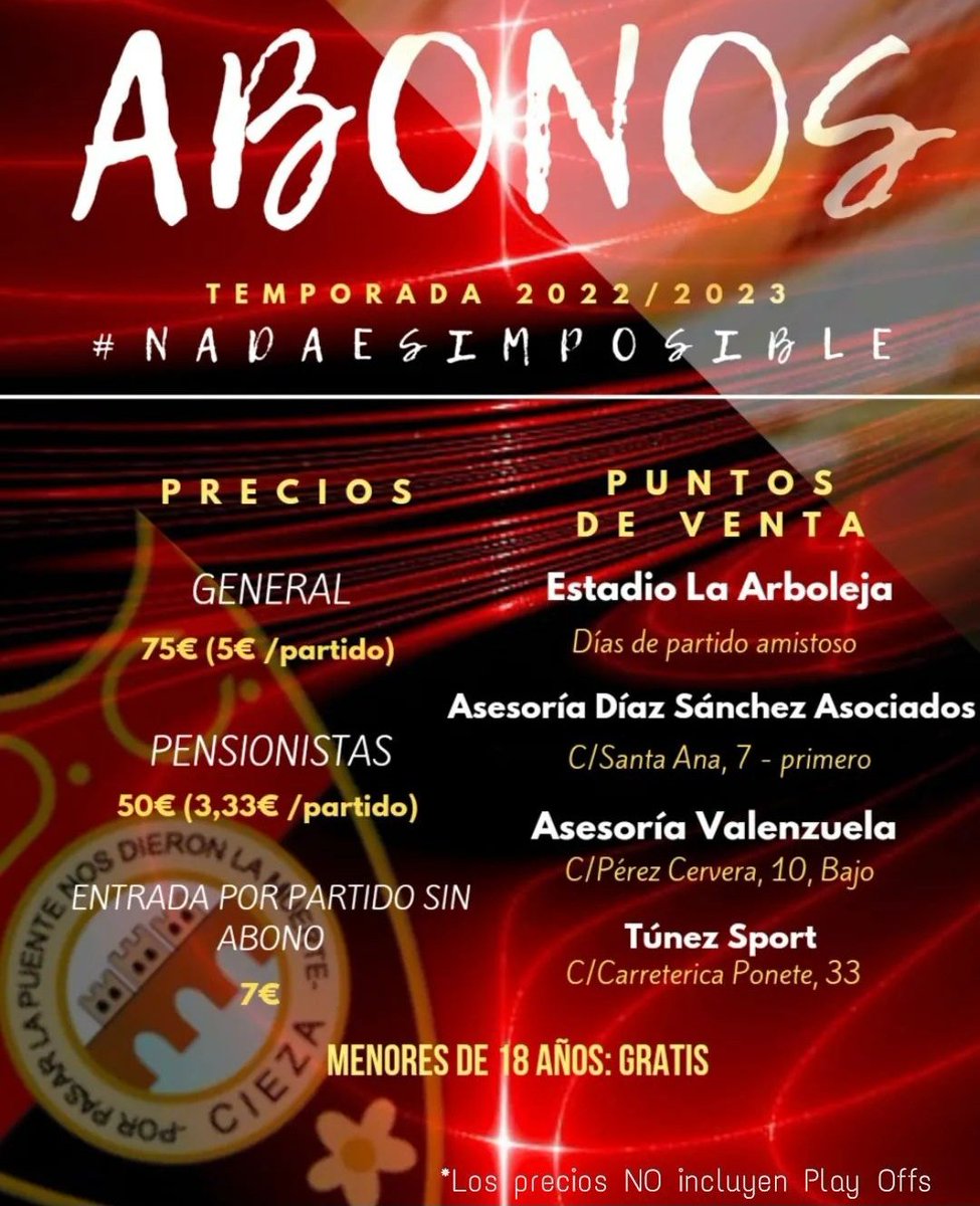 Buena hora se ha quedado para recordar que te puedes abonar al Cieza. Nunca es tarde y #NadaEsImposible 
🔴⚫🔴⚫🔴⚫🔴⚫🔴