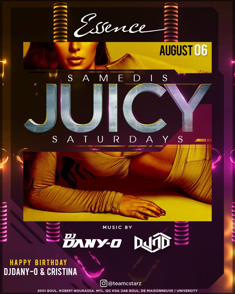 TeamCstarz's tweet photo. Samedi = Club Essence

Aujourd'hui nous sommes au Club Essence comme à tous les samedis avec la meilleure musique latine 

Happy Birthday @mammy.yankee &amp; @djdanyomtl 💙

Arrivez tôt pour profiter de nos spéciaux au bar.

#cstarz #teamcstarz #essencelounge #clubessence https://t.co/2nSM35XkPj