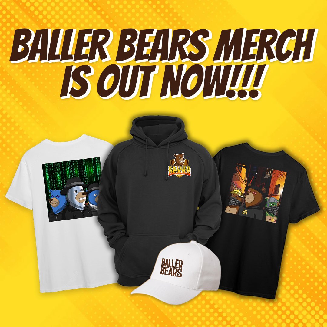 Flex your bears, it’s time! Our Merch Store is officially live 🚀🐻 Go to shop.ballerbearsnft.com and snag your favorite! 💸

#Merch #NFTmerch #NFTCommunity #NFTGiveaways #BallerBearsNFT