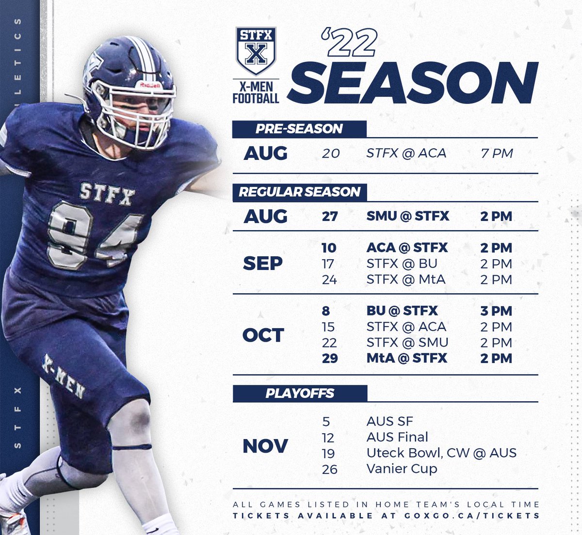 StFXFootball's tweet photo. The 2022 X-Men Football Schedule #hailandhealth #stfx https://t.co/gIEWoomFEM