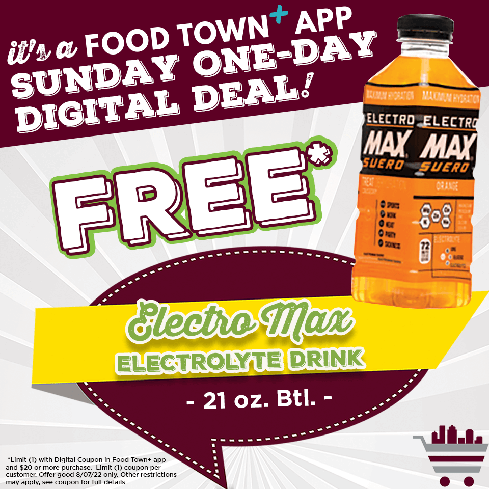 YourFoodTown's tweet photo. This Sunday Deal is all about Maximum Savings! Get One (1) Electro Max Electrolyte Drink, 21 oz., FREE with digital coupon in the Food Town+ app*! #sundayoneday #foodtownhouston Get app https://t.co/NdsBsoZ6Fu Find us https://t.co/7ze4fsHGTr
*Some restrictions apply https://t.co/JsGGj9Ldlh