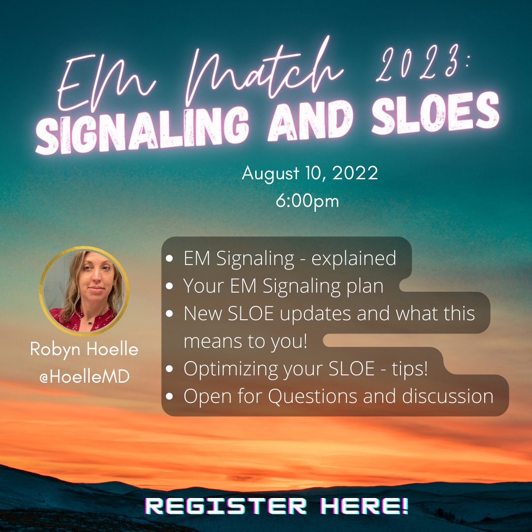 ALMOOOOOOOOOOOOSSSSSSTTTTTTT!!!!!!!!!!

Hey #EMMatch2023 Want to know all about EM signaling for #Match2023?
Hey #EMBound! Know all about the new SLOE?

8/10, 600pm

Register: bit.ly/NFEM2023
#medstudenttwitter #EMBound #PreferenceSignaling #HeyMedStu