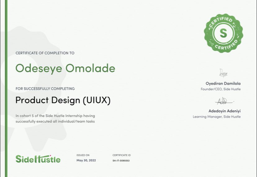 LadeOddy's tweet photo. Got my first tech certificate from @NgSidehustle few months back after participating in an internship 🎉🎊❤️
#productdesign #uiux #uiuxdesign #tech https://t.co/J5ePog99N1