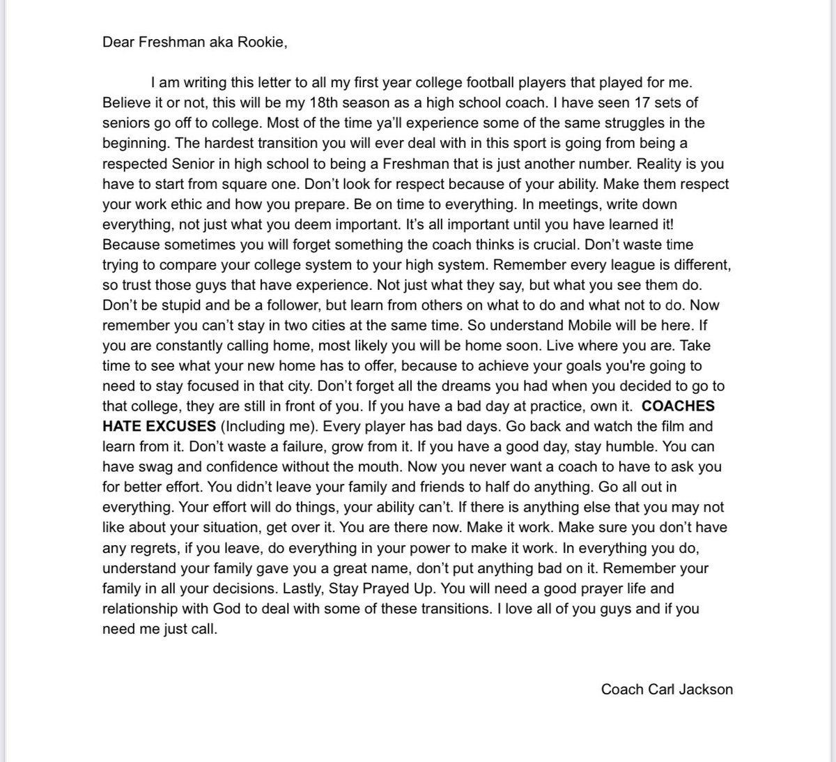 I usually share this on my personal account, but I have plenty of players that played with our organization that are going to the next level this fall. Hopefully this message will help the players with they transition.