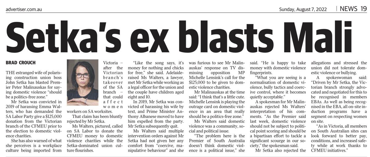 THE estranged wife of <a href="/CFMEUJohnSetka/">John Setka</a> has blasted Premier <a href="/PMalinauskasMP/">Peter Malinauskas</a> for saying domestic violence “should be a politics-free zone”
Setka was convicted of harassing Emma Walters, who has demanded the <a href="/alpsa/">SA Labor</a> give a $125K donation from the <a href="/CFMEU/">Construction Forestry Maritime Mining Energy Union</a> to domestic violence charities.
