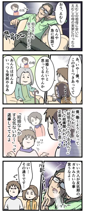 付き合って0日で結婚を決めた2人の話④
結婚したい?じゃあ気合な

前回のお話
https://t.co/qwHgxVf3oo

#コミックエッセイ
#漫画が読めるハッシュタグ
※この話は再掲です 