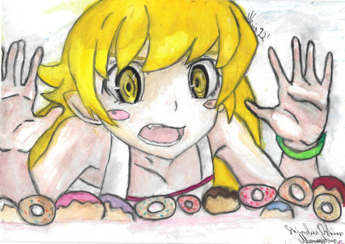 Neciiq's tweet photo. Did someone say donuts??? 🍩
#monogatariseries #shinobuoshino #monogatarifanart #shinobuoshinofanart #traditionalart https://t.co/X2Z3xnHugI