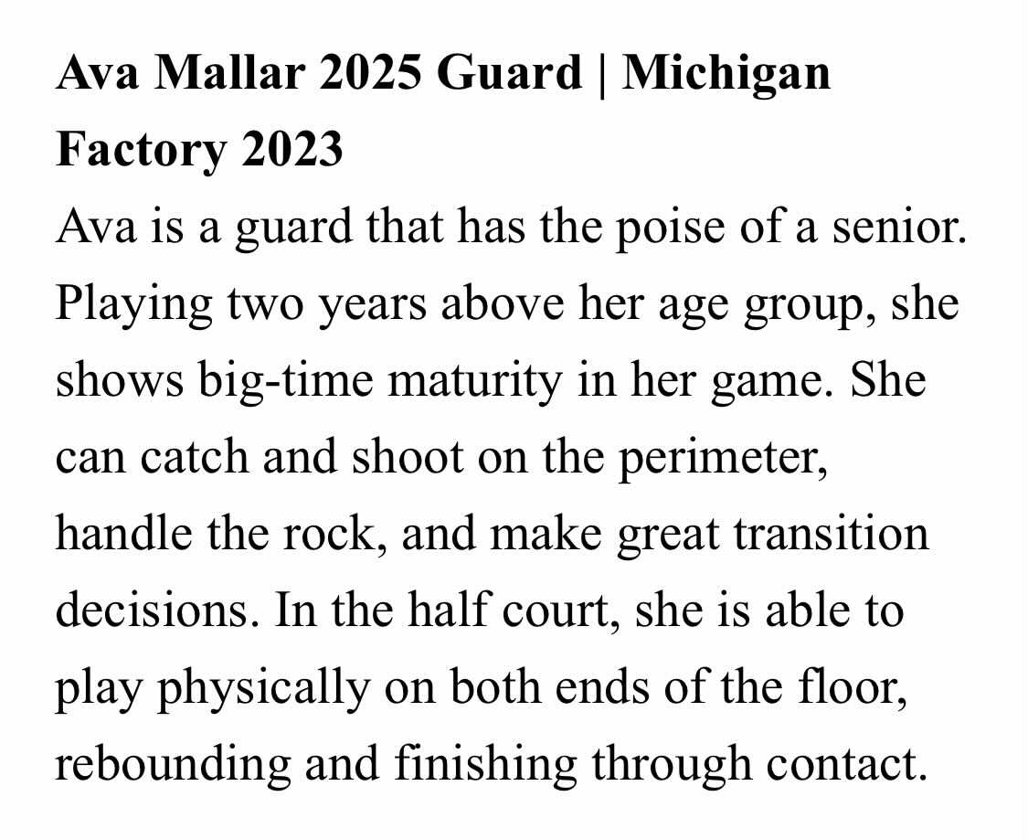 MI Factory Basketball (@factorybasketb1) on Twitter photo Thanks <a href="/LBInsider/">Jason Wilkins (Wilkins Report)</a>
<a href="/AvaMallar/">Ava Mallar</a> is a BALLER. Nobody could tell she was playing up 2 years this summer. Looking forward already to next season. Thanks <a href="/LBInsider/">Jason Wilkins (Wilkins Report)</a>
<a href="/AvaMallar/">Ava Mallar</a> is a BALLER. Nobody could tell she was playing up 2 years this summer. Looking forward already to next season.