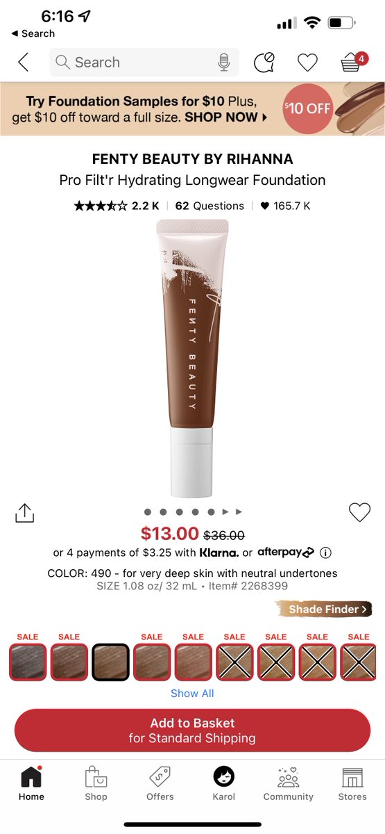 KarolsCorner's tweet photo. Y’ALL @fentybeauty foundation is on HELLA sale at Sephora, shades 460-500 available! this is my FAVVVV https://t.co/CC3AlxIQwN https://t.co/2ciJI04QHx