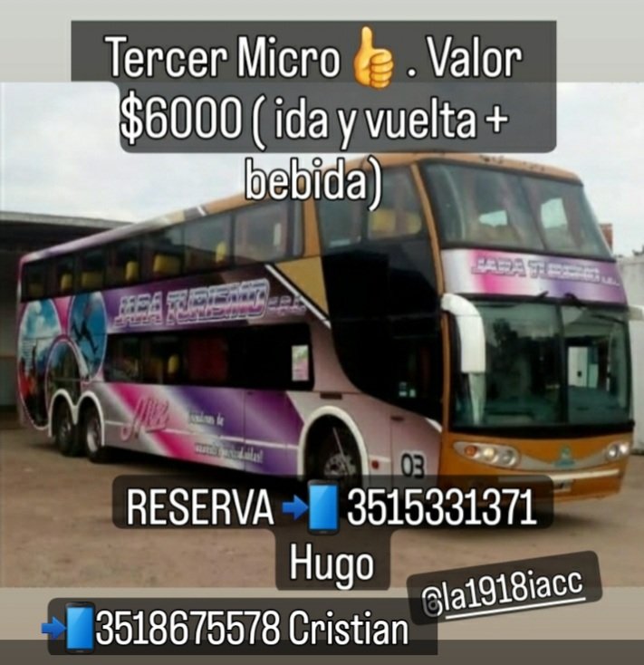 Sumamos un tercer Micro💥🇦🇹.Todo Instituto en Santiago
Valor $6000 ( ida y vuelta +bebida). 
Reserva 📲 3518675578 Cristián 📲3515331371 Hugo
Aceptamos tarjeta de crédito- Transferencia- efectivo.
#RumboASantiago
#la1918