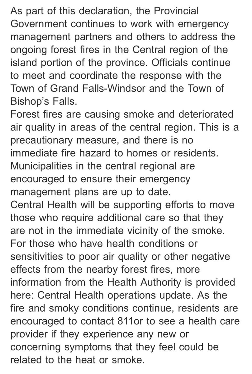 The NL government has declared a state of emergency for Grand Falls-Windsor, Bishop’s Falls and the Connaigre Peninsula because of forest fires.

A release says this is precautionary no immediate danger to homes or communities