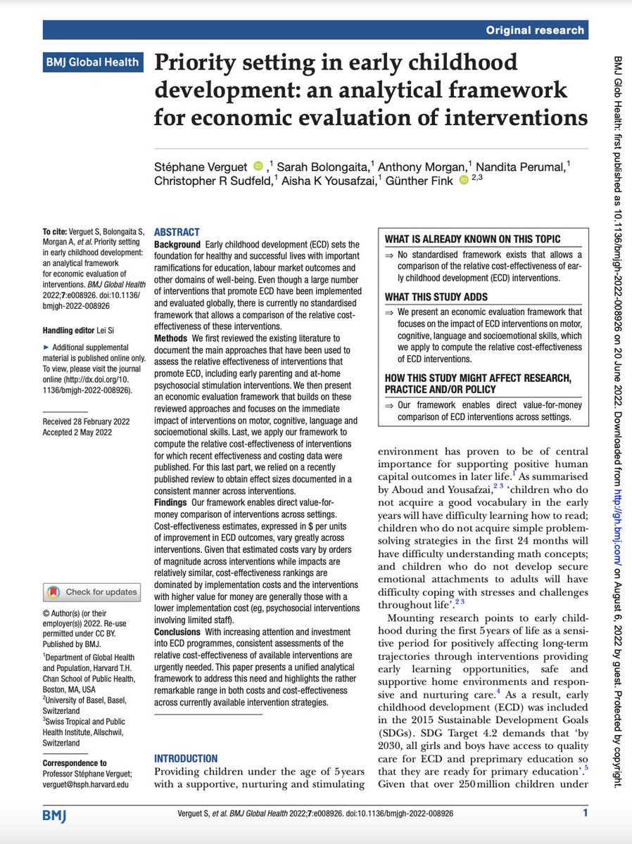 “With increasing attention and investment into [early childhood development (ECD)] programmes, consistent assessments of the relative cost-effectiveness of available interventions are urgently needed”

📣 New study on ECD intervention cost-effectiveness ➡️ gh.bmj.com/content/7/6/e0…