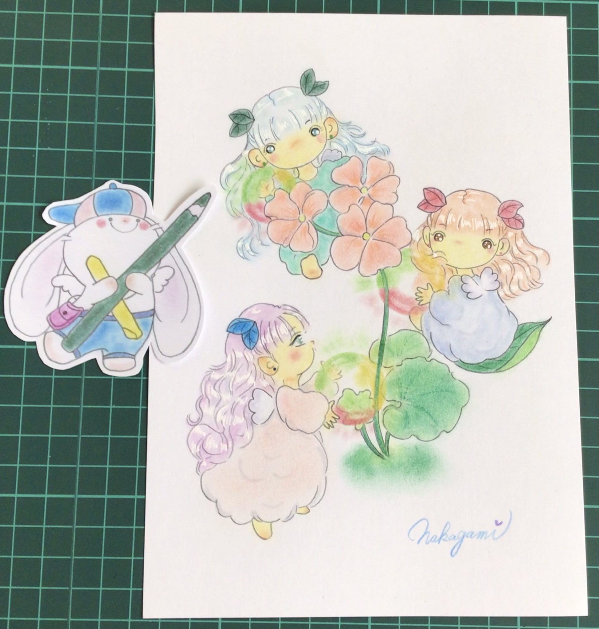 Nakagami 最近描いたイラストです 長みみウサくんが紹介します 花の妖精3人組だよ お花がキレイに咲くようにお水や栄養をあげてるんだ イラスト イラスト好きな人と繋がりたい Art Rts T Co Jrb3imef7t Twitter