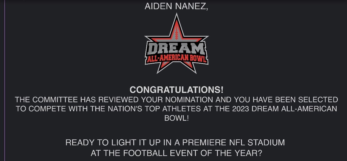 Super proud to be selected for the 2023 Dream All-American Bowl in the AT&amp;T Stadium on Jan. 16! Shout out to my family and all of my supporters through my football journey🙏
<a href="/KickingWorld/">Kicking World Kicking Camps</a> <a href="/CoachNikNelson/">Nik Nelson</a> <a href="/NISDOConnorHS/">O'Connor High School</a> <a href="/Coach_Messer/">Coach Messer</a> <a href="/ocpantherfb/">OC Panther Football</a> @dreambowlgame